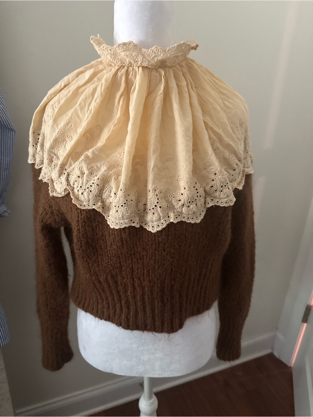 Zara Brown Mohair-Blend Crew Sweater with Cream Lace Collar